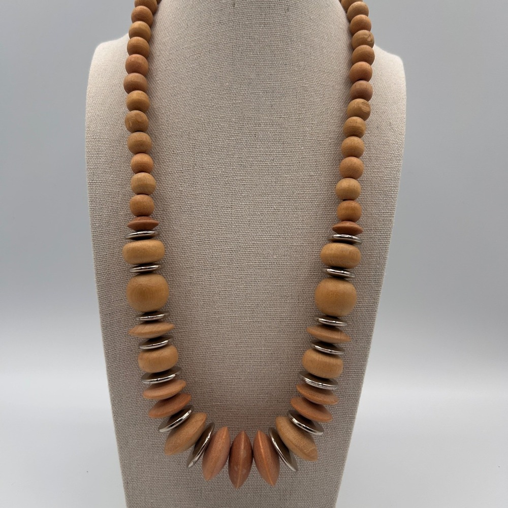 Natural Wood Bead‎ Statement Necklace Silver Tone Metal Spacers Boho Chunky 24"